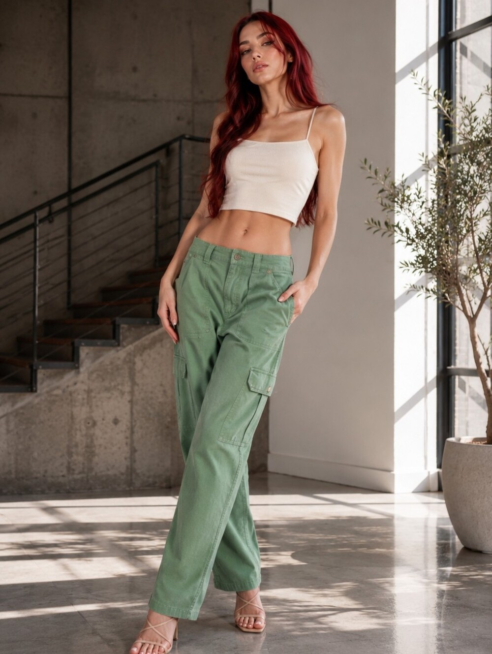 Billabong Walk Along Pants Green Twill Cargo Utilitarian Wide Leg Trousers Sz - Picture 2 of 14
